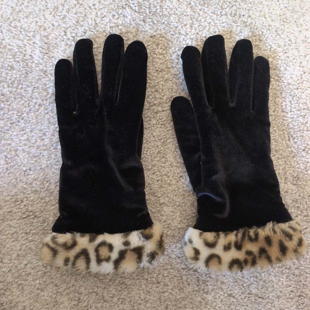 Velvet Faux Fur Cuff Leopard Trim Gloves Vintage